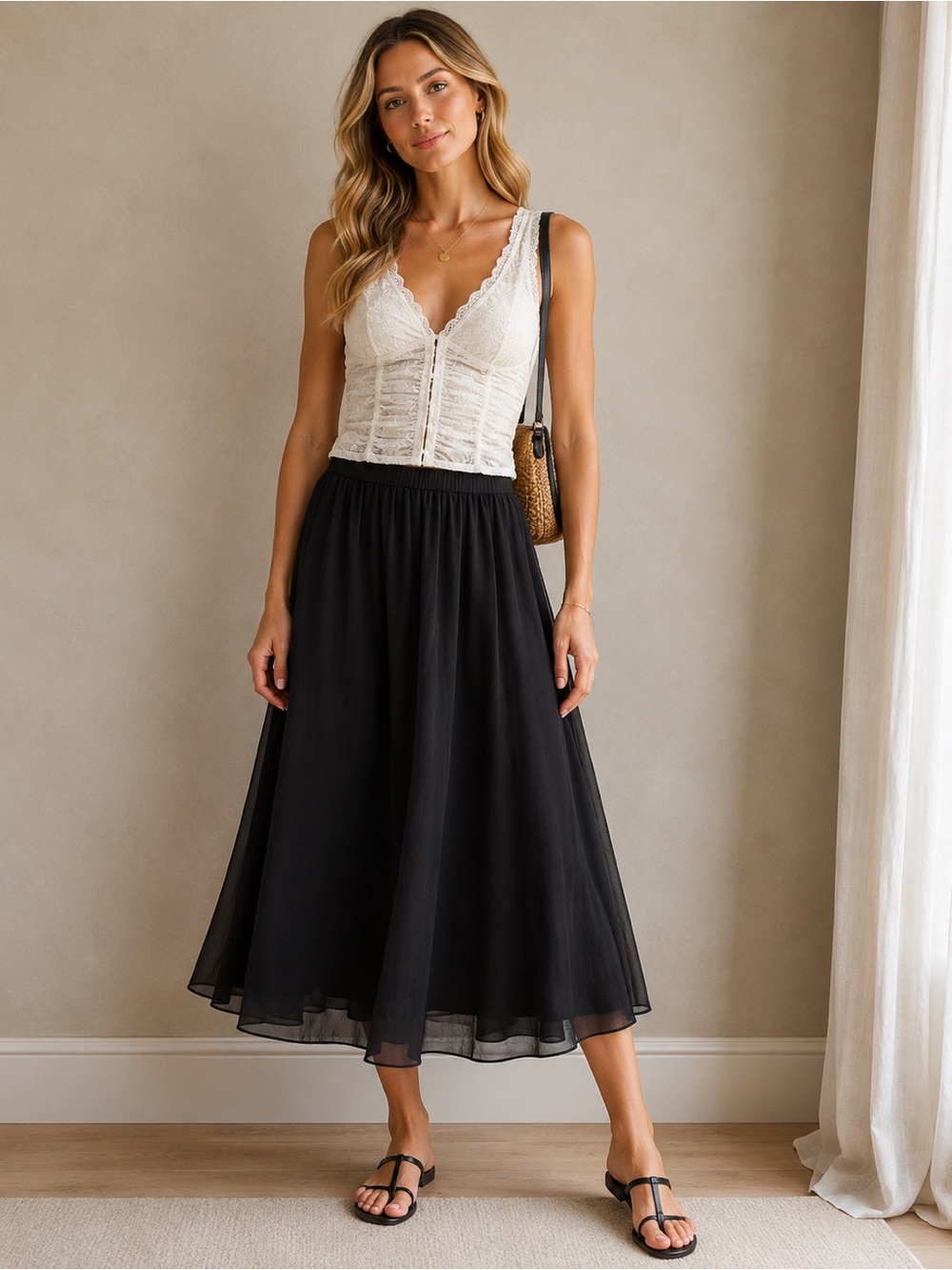 H&M Black Midi Skirt with Gathered Waist